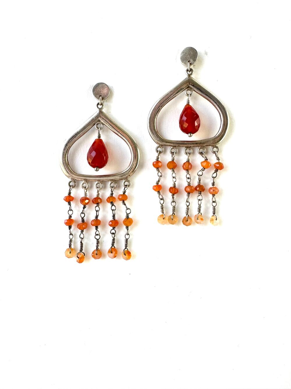 Carnelian Briolette Sterling 925 Silver Chandelier Dangly Handmade Earrings